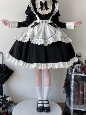 Long Sleeve Sweet Black Maid Lolita Skirt Cute OP Skirt Dress