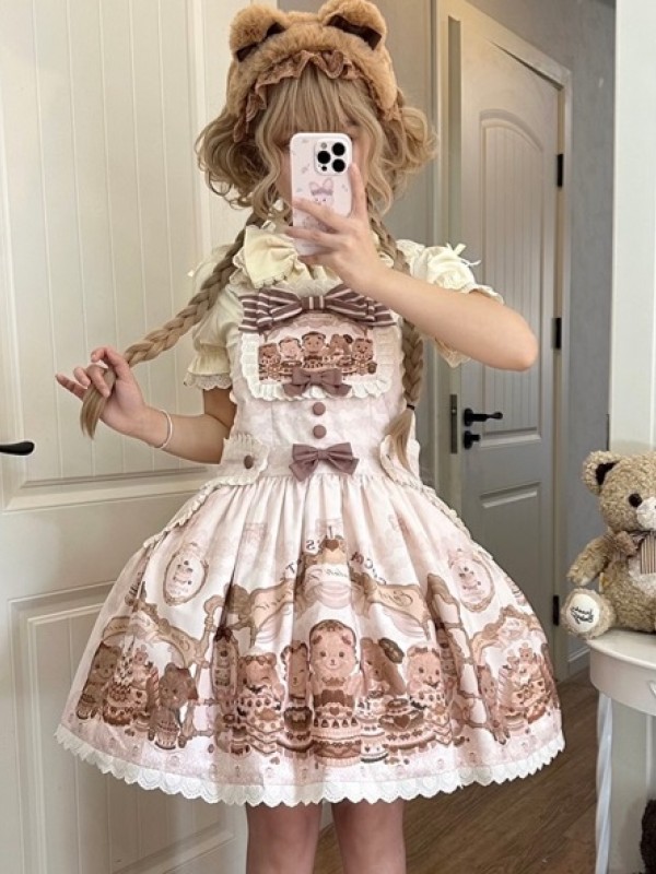 Cute Chocolate Print Lolita Suspender Skirt