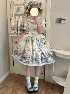 Sweet and Lovely Blue Printed Lolita Suspender Skirt