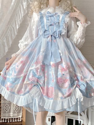 Sweet and Cute Blue Printed Dress JSK Lolita Suspender Skirt