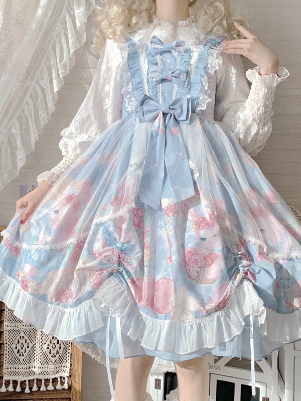 Sweet and Cute Blue Printed Dress JSK Lolita Suspender Skirt