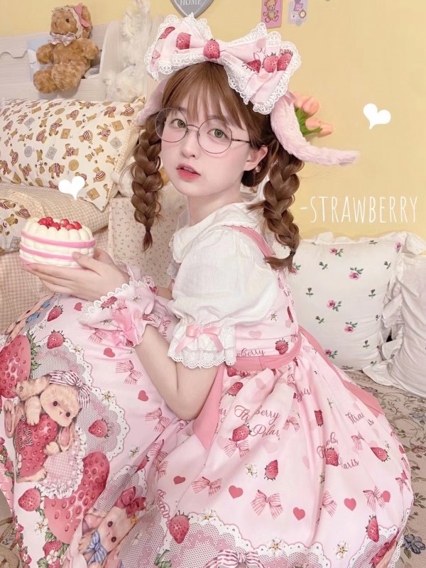 Lolita Pink Sweet Cute Strawberry Print JSK Suspender Dress