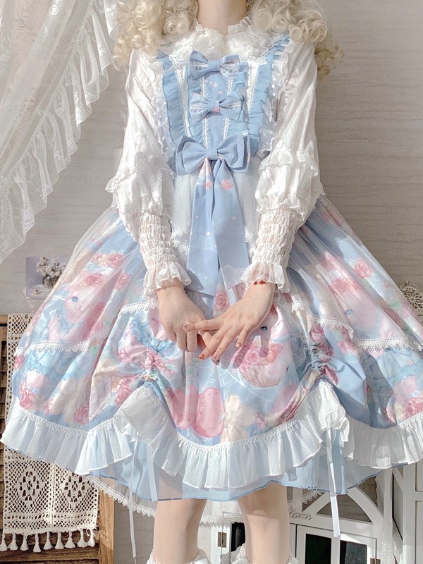 Sweet and Cute Blue Printed Dress JSK Lolita Suspender Skirt