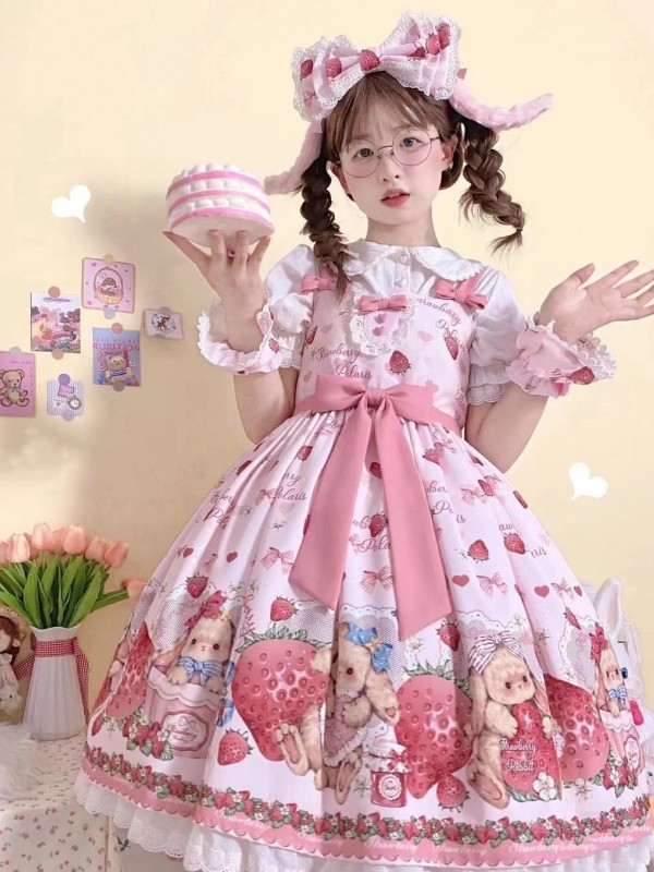 Lolita Pink Sweet Cute Strawberry Print JSK Suspender Dress