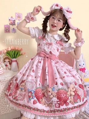 Lolita Pink Sweet Cute Strawberry Print JSK Suspender Dress