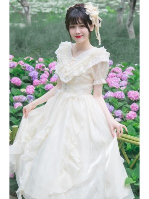 Apricot Sweet  V-neck Ruffle Dress Lolita Dress