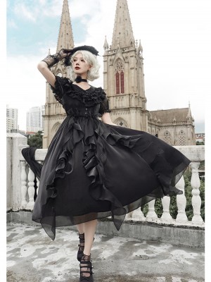 Sweet Gothic V-neck Ruffle Dress Lolita Dress