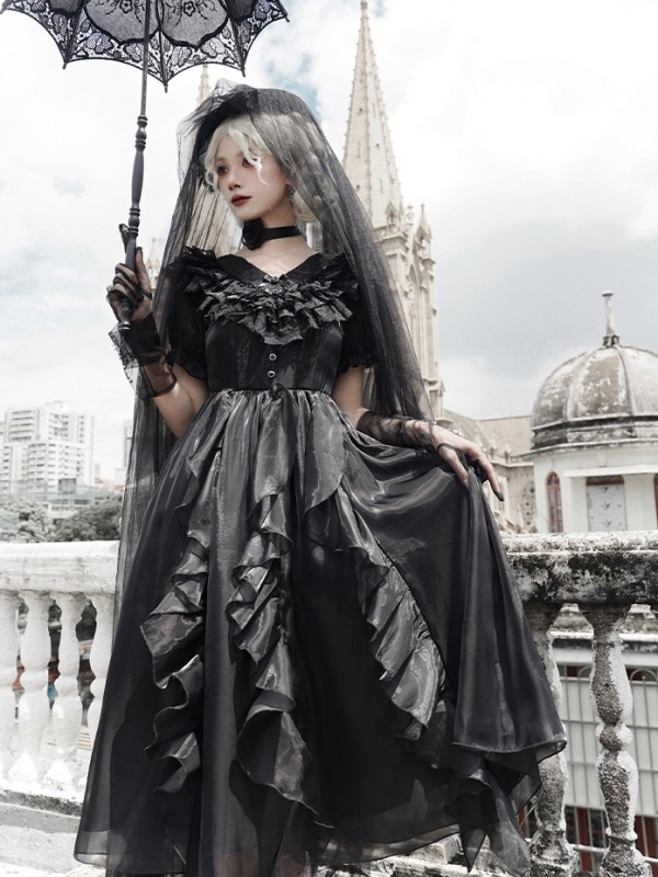 Sweet Gothic V-neck Ruffle Dress Lolita Dress