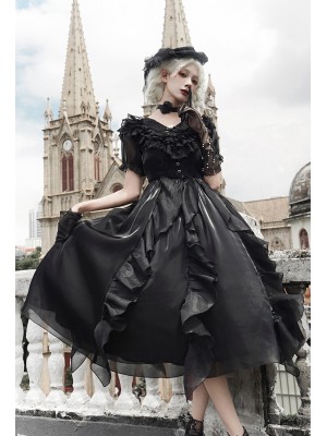 Sweet Gothic V-neck Ruffle Dress Lolita Dress