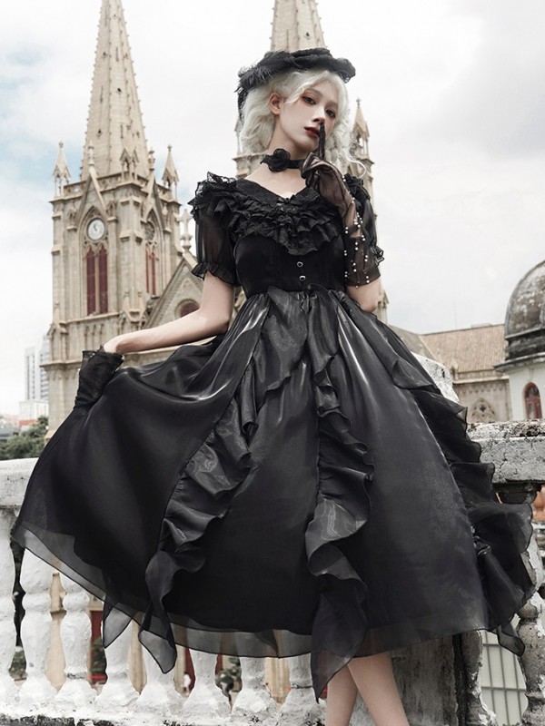 Sweet Gothic V-neck Ruffle Dress Lolita Dress