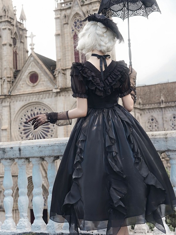 Sweet Gothic V-neck Ruffle Dress Lolita Dress