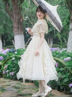 Apricot Sweet  V-neck Ruffle Dress Lolita Dress