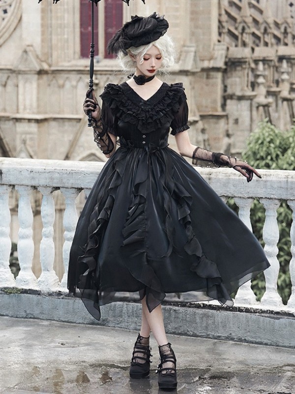 Sweet Gothic V-neck Ruffle Dress Lolita Dress