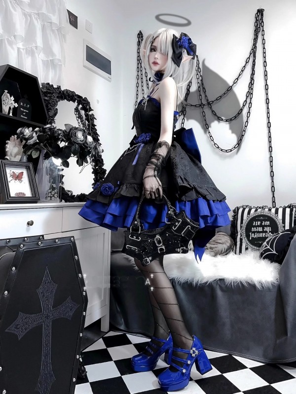 Blue and Black Gothic Lolita Dress JSK Sweet and Cool Puffy Princess Dress