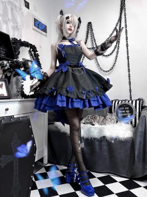 Blue and Black Gothic Lolita Dress JSK Sweet and Cool Puffy Princess Dress