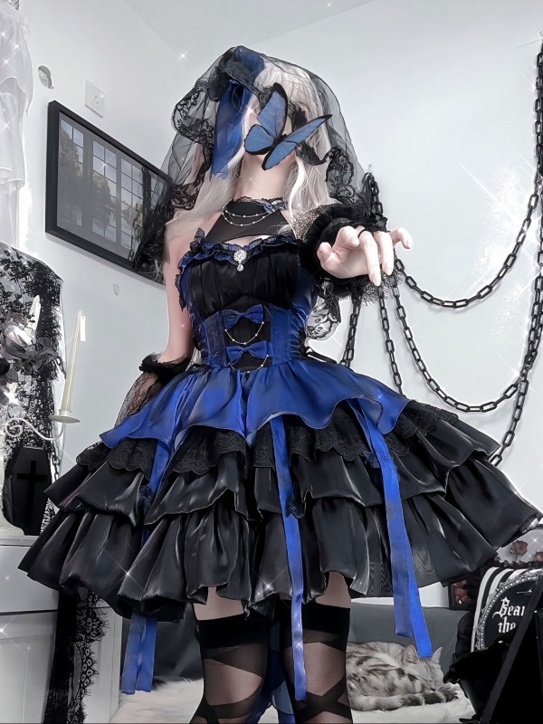 Black and Blue Lolita Princess Style Halter Neck Suspender Short Skirt Tutu Skirt