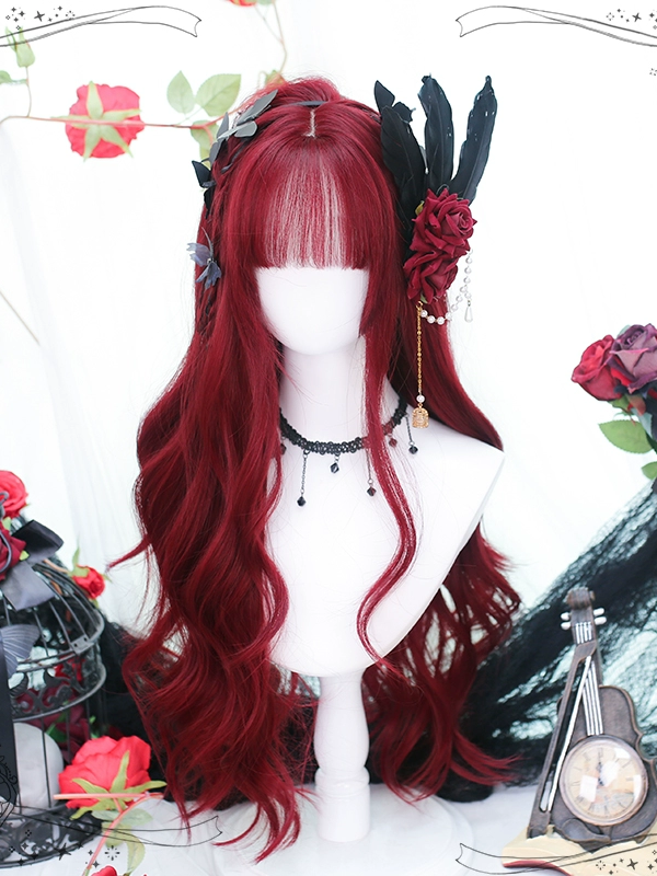 Lolita Bangs Long Curly Hair JK Wine Red Long Hair Wig