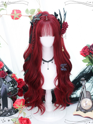 Lolita Bangs Long Curly Hair JK Wine Red Long Hair Wig