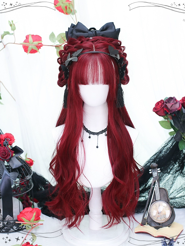 Lolita Bangs Long Curly Hair JK Wine Red Long Hair Wig