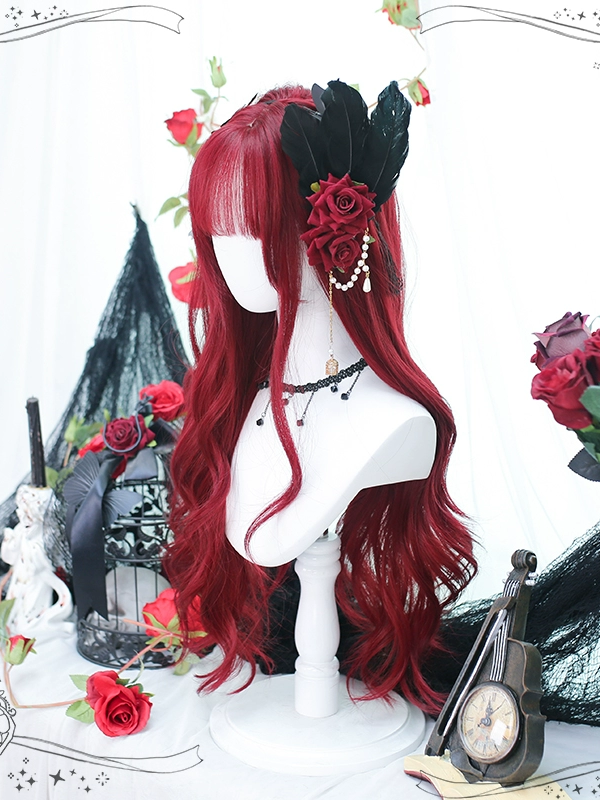 Lolita Bangs Long Curly Hair JK Wine Red Long Hair Wig