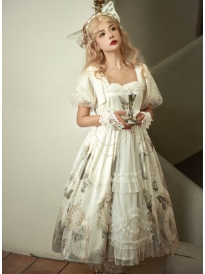 CLA Retro Elegant Open-collar Printed Lolita Dress