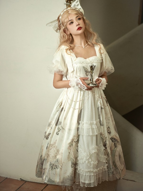 CLA Retro Elegant Open-collar Printed Lolita Dress