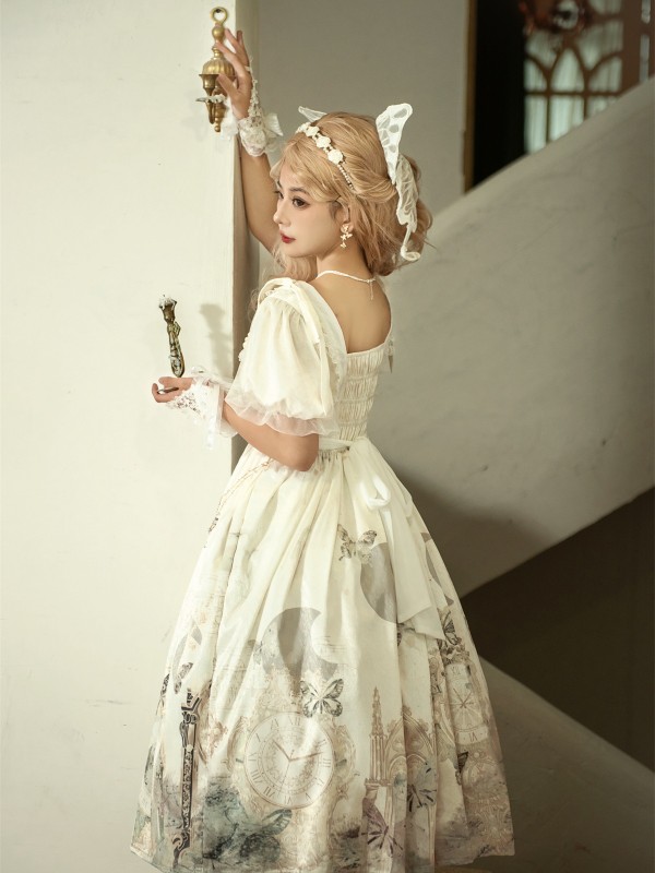 CLA Retro Elegant Open-collar Printed Lolita Dress