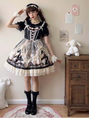 Black Elegant Retro Lolita Dress JSK Pink Lace Lolita Suspender Dress