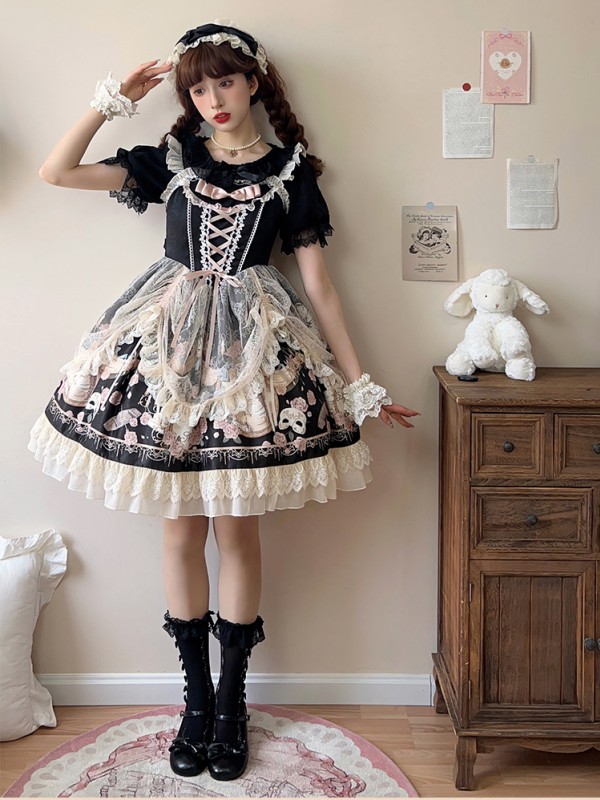 Black Elegant Retro Lolita Dress JSK Pink Lace Lolita Suspender Dress