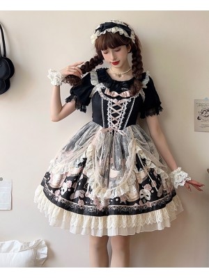 Black Elegant Retro Lolita Dress JSK Pink Lace Lolita Suspender Dress