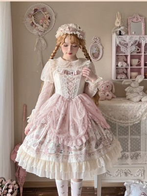 Elegant Retro Lolita Dress JSK Pink Lace Lolita Suspender Dress