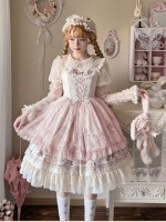 Elegant Retro Lolita Dress JSK Pink Lace Lolita Suspender Dress