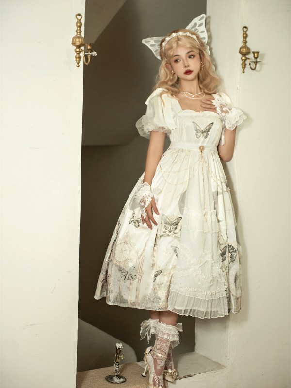 CLA Retro Elegant Open-collar Printed Lolita Dress