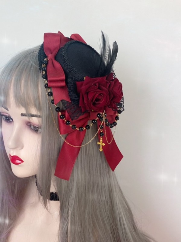 Lolita Small Hat Gothic Dark Wine Red Rose Retro Hair Accessories