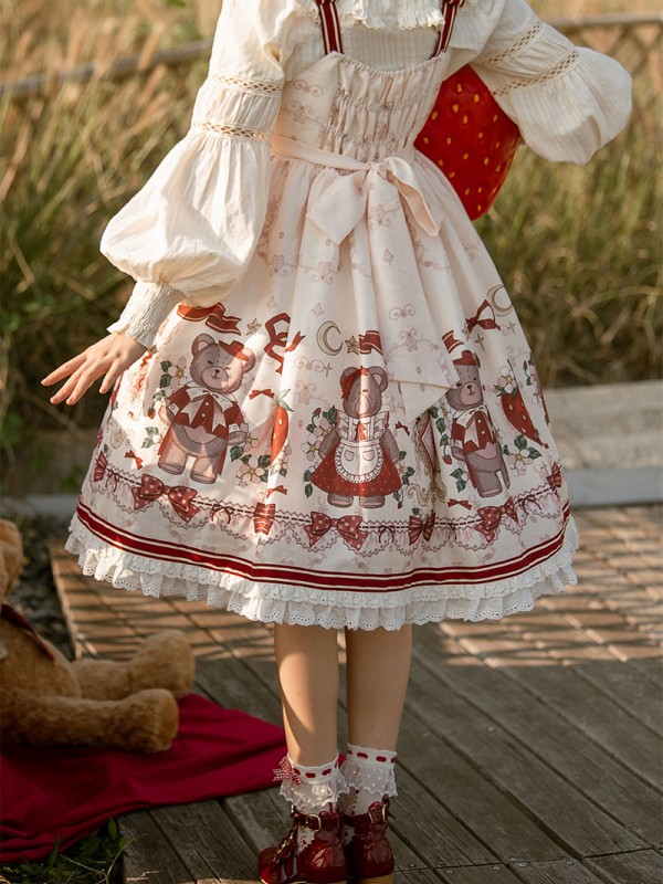 Sweet and cute Girl Bear Print JSK Suspender Skirt