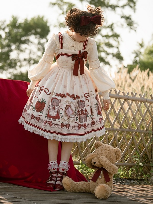 Sweet and cute Girl Bear Print JSK Suspender Skirt