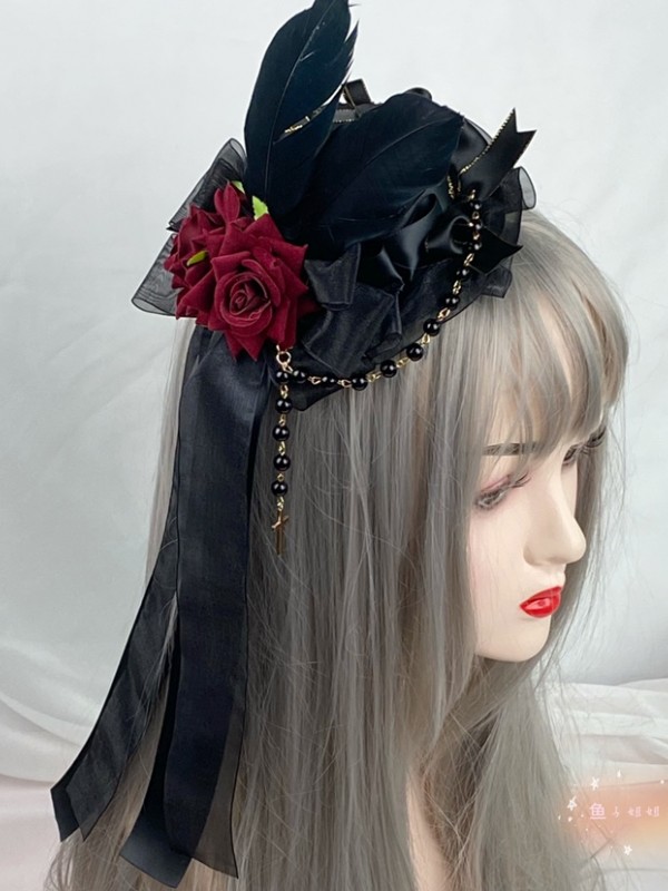 Gothic Lolita Party Hat with Red Rose Clip