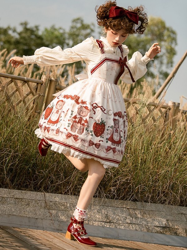 Sweet and cute Girl Bear Print JSK Suspender Skirt