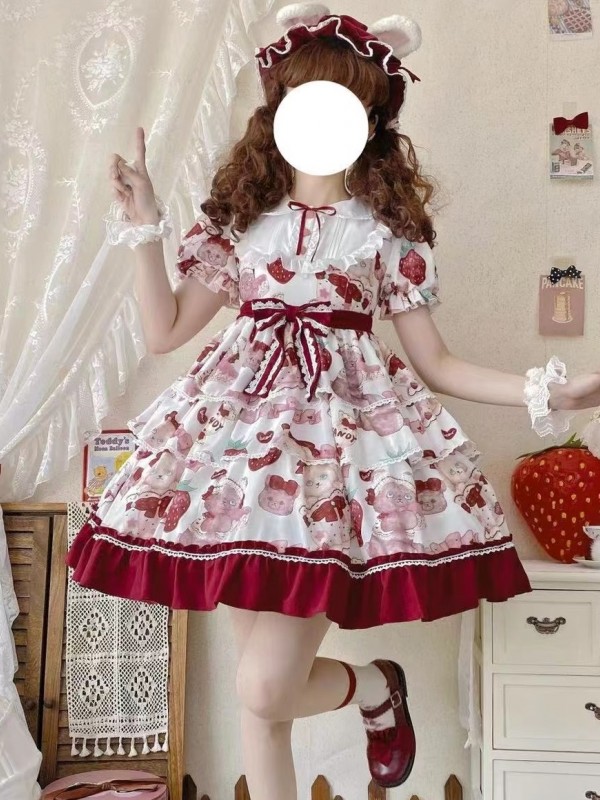 Strawberry Sweet Lolita Dress OP Cute Sweet Cake Skirt