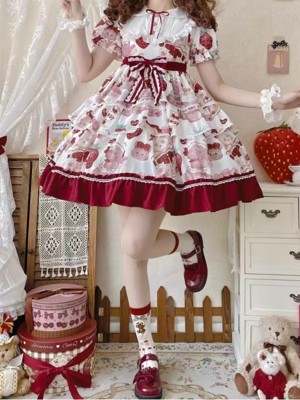 Strawberry Sweet Lolita Dress OP Cute Sweet Cake Skirt