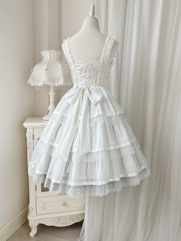 Fairy-like Elegant and Cute Girly Light Bride Lolita Suspenders Dress