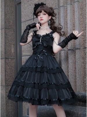 Black Fairy-like Elegant and Cute Girly Light Bride Lolita Suspenders Dress