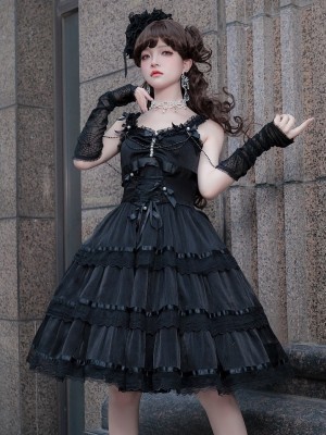 Black Fairy-like Elegant and Cute Girly Light Bride Lolita Suspenders Dress