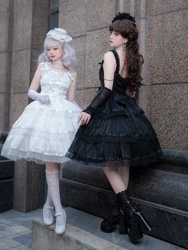 Fairy-like Elegant and Cute Girly Light Bride Lolita Suspenders Dress