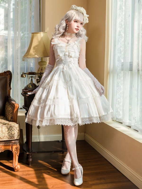 Fairy-like Elegant and Cute Girly Light Bride Lolita Suspenders Dress