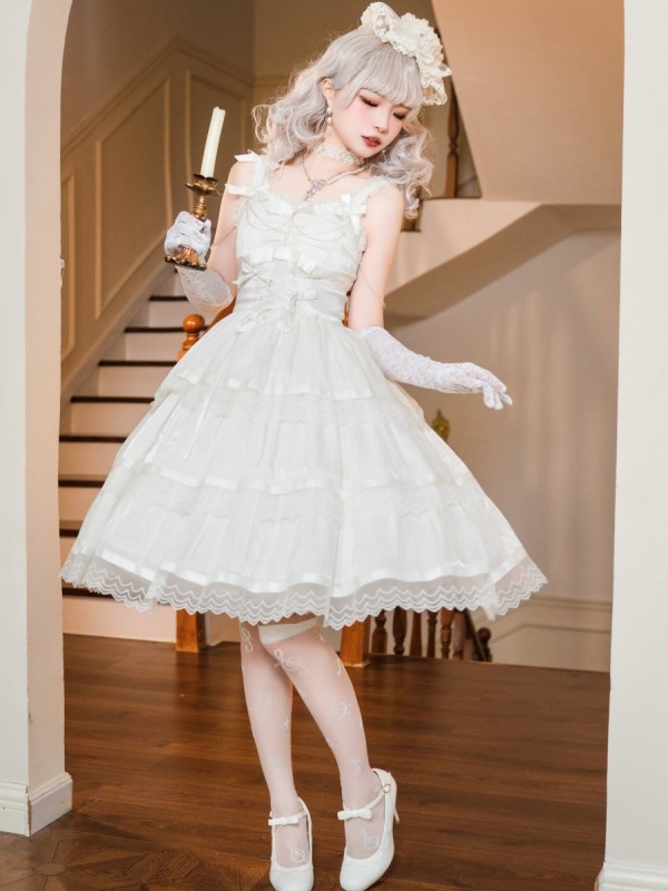 Fairy-like Elegant and Cute Girly Light Bride Lolita Suspenders Dress