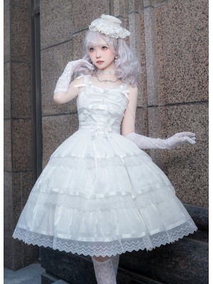 Fairy-like Elegant and Cute Girly Light Bride Lolita Suspenders Dress