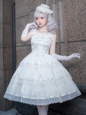 Fairy-like Elegant and Cute Girly Light Bride Lolita Suspenders Dress