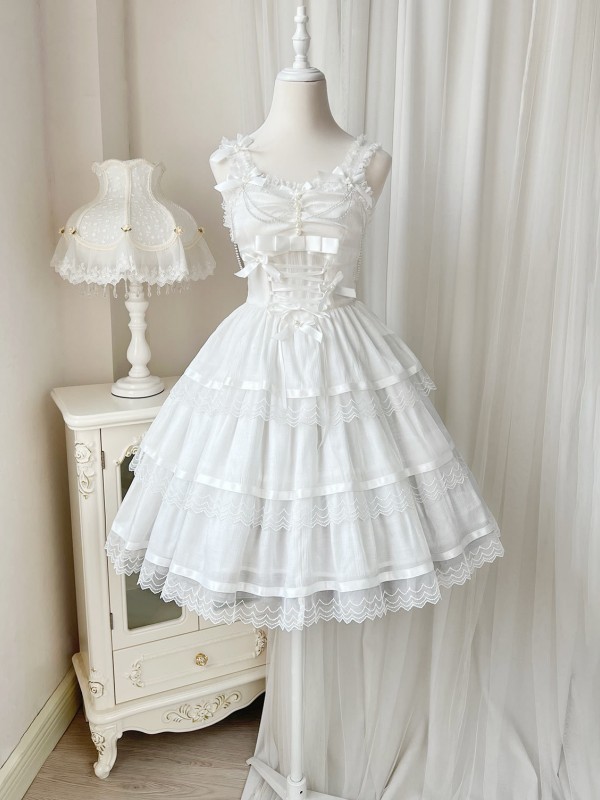 Fairy-like Elegant and Cute Girly Light Bride Lolita Suspenders Dress