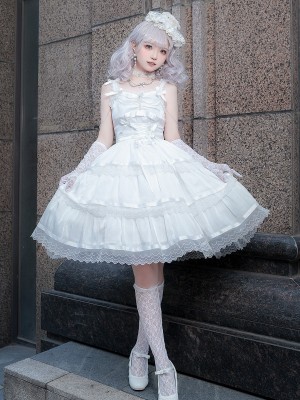 Fairy-like Elegant and Cute Girly Light Bride Lolita Suspenders Dress